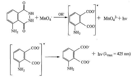 鲁米诺在碱性溶液(ph=10-11)中,首先形成单价阴离子,子氨基邻苯二甲酸